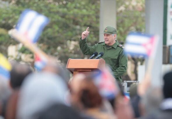Cuban President Miguel Díaz-Canel speaks at the tribute ceremony for the 32 Cuban combatants killed in the January 3 US military attack on Venezuela, held at the Anti-Imperialist Tribune in Havana on January 16, 2025. Photo: Presidency of Cuba.