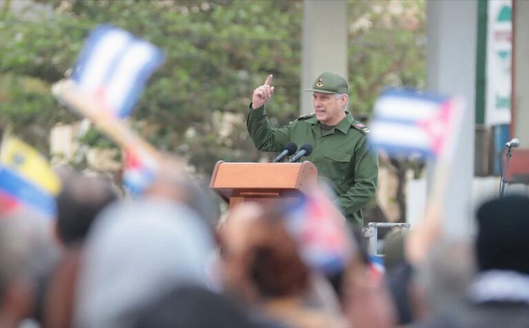 Cuban President Miguel Díaz-Canel speaks at the tribute ceremony for the 32 Cuban combatants killed in the January 3 US military attack on Venezuela, held at the Anti-Imperialist Tribune in Havana on January 16, 2025. Photo: Presidency of Cuba.