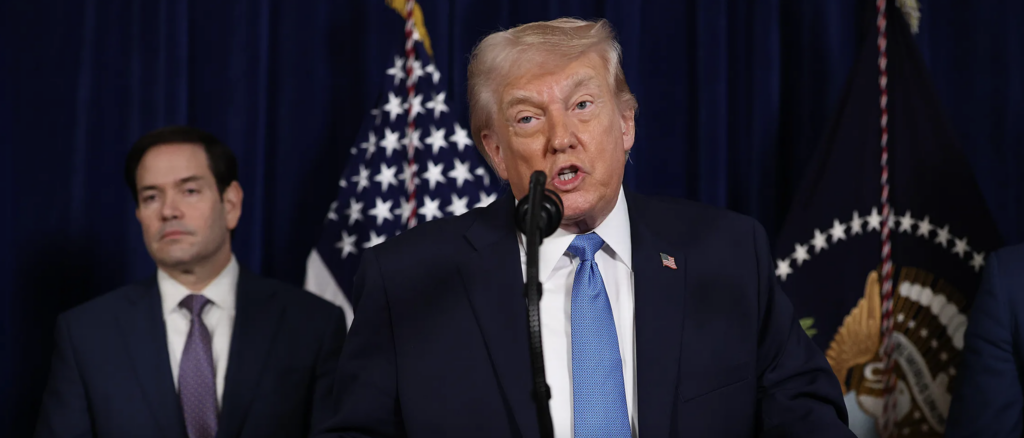 Donald Trump addressing the media on Saturday, January 3, 2026. Photo: Joe Raedle/Getty Images.