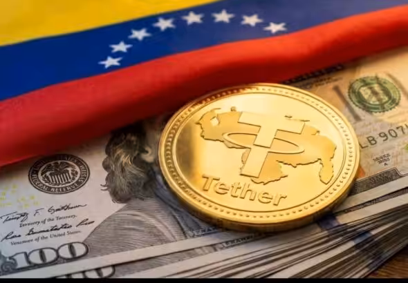 A collage with the Venezuelan flag, US dollar note, and Tether, Binance's mode of P2P mechanism. Photo: Binance.
