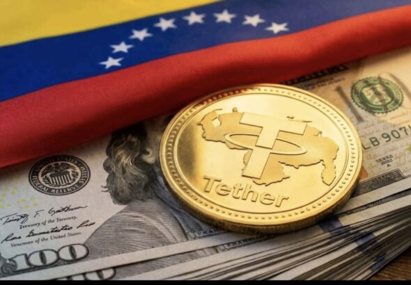 A collage with the Venezuelan flag, US dollar note, and Tether, Binance's mode of P2P mechanism. Photo: Binance.