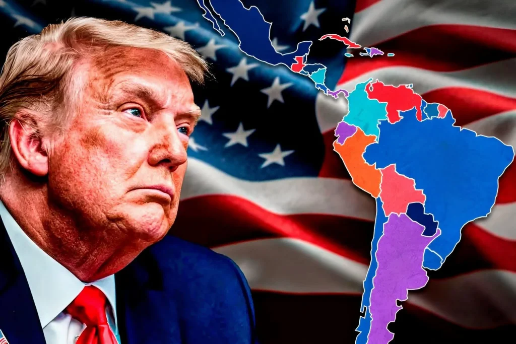 Composite graphic featuring Donald Trump and a map of Latin America and the Caribbean with a US flag background. Photo: Izquierda Revolucionaria (VE)/file photo.