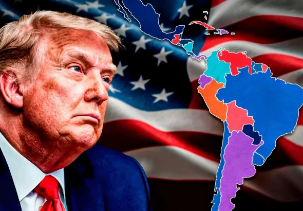 Composite graphic featuring Donald Trump and a map of Latin America and the Caribbean with a US flag background. Photo: Izquierda Revolucionaria (VE)/file photo.