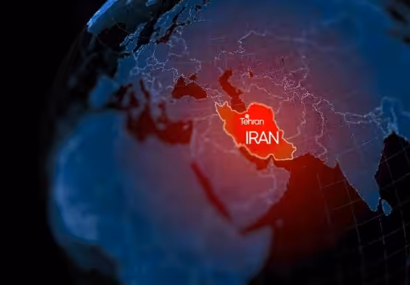 3D rendering of the globe, highlighting the Iran (specifically Tehran) in red. Photo: Artem Egorov/Getty Images.