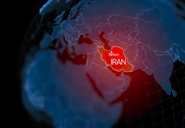 3D rendering of the globe, highlighting the Iran (specifically Tehran) in red. Photo: Artem Egorov/Getty Images.