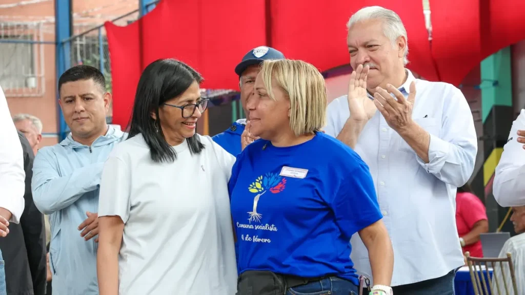 Venezuelan Acting President Delcy RodrĂguez at a meeting with communes in Caracas, January 10, 2026. Photo: Venezuelan Presidential Press.