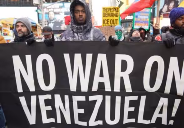 People take part in a protest against the US attacks on Venezuela in New York city, the United States, on Jan 3, 2026. Photo: Xinhua.