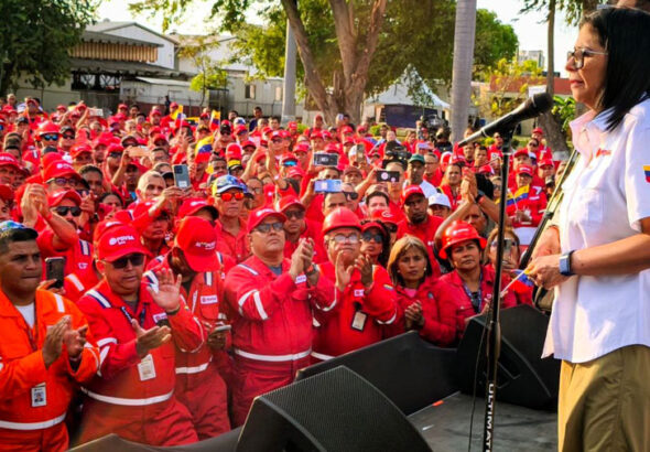Delcy Rodríguez, Venezuela's acting president, with oil workers in the state of Anzoategui on January 25, 2026. Photo: Venezuela's Office of the Presidency.