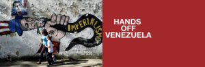 Composite image: to the left, a woman walks in front of a mural showing a hand crushing US imperialism; on the right, "Hands Off Venezuela" is written. Image: Samidoun with modification by Orinoco Tribune.