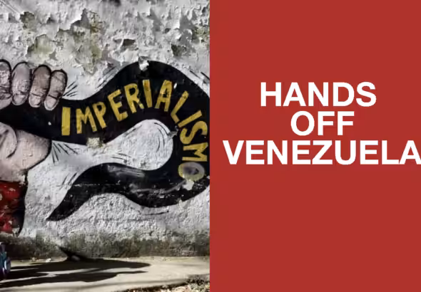 Composite image: to the left, a woman walks in front of a mural showing a hand crushing US imperialism; on the right, "Hands Off Venezuela" is written. Image: Samidoun with modification by Orinoco Tribune.