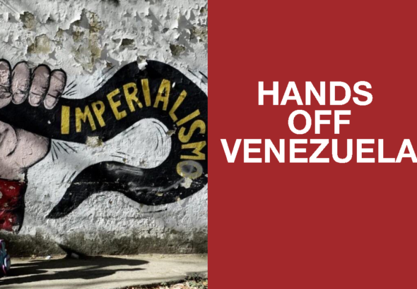 Composite image: to the left, a woman walks in front of a mural showing a hand crushing US imperialism; on the right, "Hands Off Venezuela" is written. Image: Samidoun with modification by Orinoco Tribune.