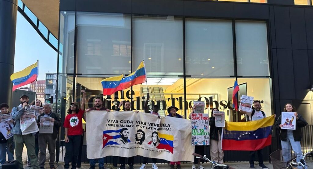 Friends and supporters of the RCG and RATB spoke outside the Guardian exposing its role as a mouthpiece of the British ruling class. Photo: FRFI.