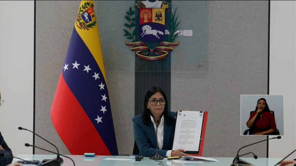 Venezuelan Vice President Delcy Rodríguez addressing the nation on January 3, 2026, following the news of the US abducting President Nicolás Maduro. Photo: Screenshots from publicly broadcast video footage.