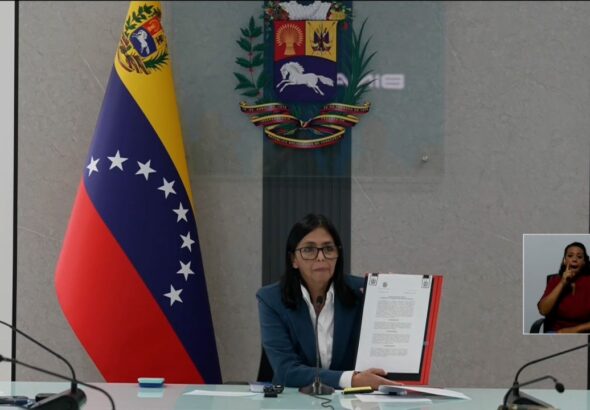 Venezuelan Vice President Delcy Rodríguez addressing the nation on January 3, 2026, following the news of the US abducting President Nicolás Maduro. Photo: Screenshots from publicly broadcast video footage.