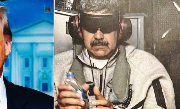 Composite image of US President Trump and Venezuela's President Nicolás Maduro held in bondage aboard the USS Iwo Jima. The latter image was posted by Trump on his Truth Social network on January 3, 2026, and has been shared by numerous mainstream media outlets.