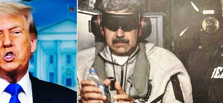 Composite image of US President Trump and Venezuela's President Nicolás Maduro held in bondage aboard the USS Iwo Jima. The latter image was posted by Trump on his Truth Social network on January 3, 2026, and has been shared by numerous mainstream media outlets.