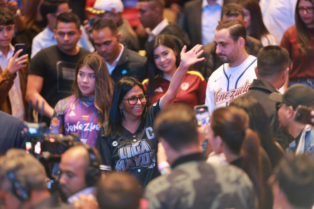 Venezuelan Acting President Delcy Rodríguez surrounded by Chavista youth supporters during an event in the Teresa Carreño Theater in Caracas on Thursday, February 26, 2026. Photo: Venezuelan Presidential Press.