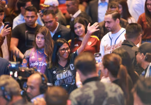 Venezuelan Acting President Delcy Rodríguez surrounded by Chavista youth supporters during an event in the Teresa Carreño Theater in Caracas on Thursday, February 26, 2026. Photo: Venezuelan Presidential Press.