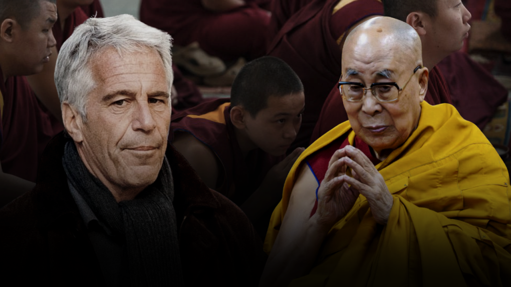 A visual composition showing an image of Jeffrey Epstein next to an image of the Dalai Lama. Photo: MintPress News.