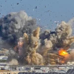Israeli airstrike on Sheikh Radwan police station in Gaza City. Photo: AFP.