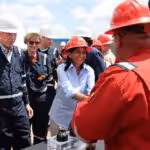 Venezuelan Acting President Delcy Rodríguez shakes hands with an oil worker standing next to US Energy Secretary Chris Wright, at the Petro Independencia PDVSA-Chevron joint venture in Morichal, Monagas state on Thursday, February 12, 2026. Photo: Jhonn Zerpa/Venezuelan Presidential Press.