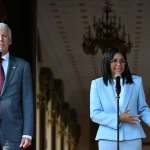Venezuela's Acting President Delcy Rodríguez speaks next to US Secretary of Energy Chris Wright during a press conference after a meeting at the Miraflores Presidential Palace in Caracas on February 11, 2026. Photo: Juan Barreto/AFP.