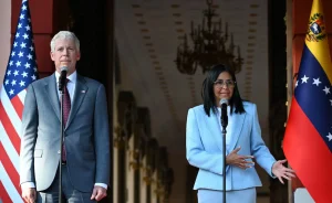 Venezuela's Acting President Delcy Rodríguez speaks next to US Secretary of Energy Chris Wright during a press conference after a meeting at the Miraflores Presidential Palace in Caracas on February 11, 2026. Photo: Juan Barreto/AFP.