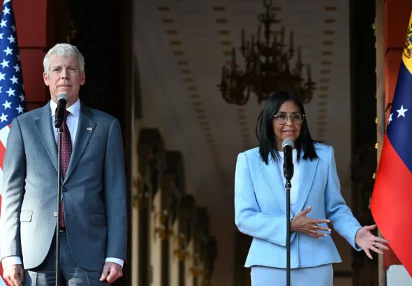 Venezuela's Acting President Delcy Rodríguez speaks next to US Secretary of Energy Chris Wright during a press conference after a meeting at the Miraflores Presidential Palace in Caracas on February 11, 2026. Photo: Juan Barreto/AFP.