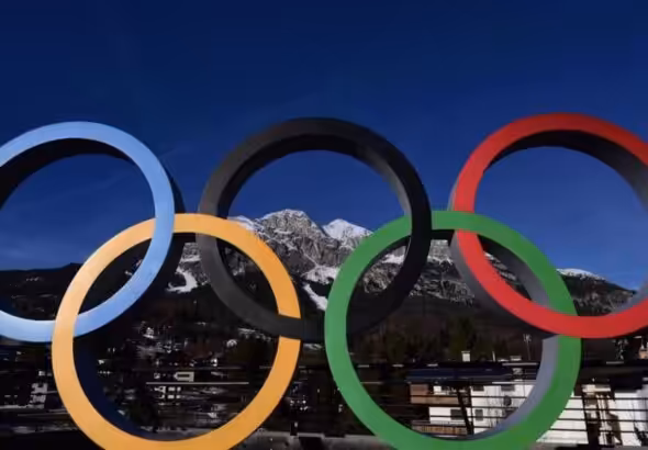 The Olympic rings at Cortina d'Ampezzo, where the women's Alpine skiing will take place. Photo: AFP.
