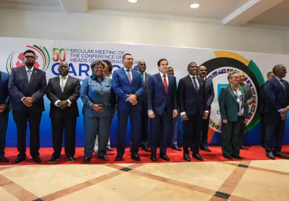 US State Secretary Marco Rubio pose with CARICOM Heads of Government for a group photo, Basseterre, St. Kitts and Nevis, February 25, 2026. Photo: Freddie Everett/US Department of State.