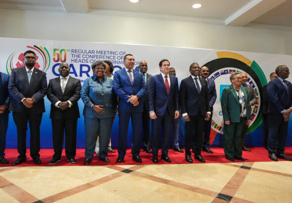 US State Secretary Marco Rubio pose with CARICOM Heads of Government for a group photo, Basseterre, St. Kitts and Nevis, February 25, 2026. Photo: Freddie Everett/US Department of State.