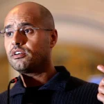 Seifal-Islam Gadhafi speaks to the media at a press conference in Libya. Photo: AP.