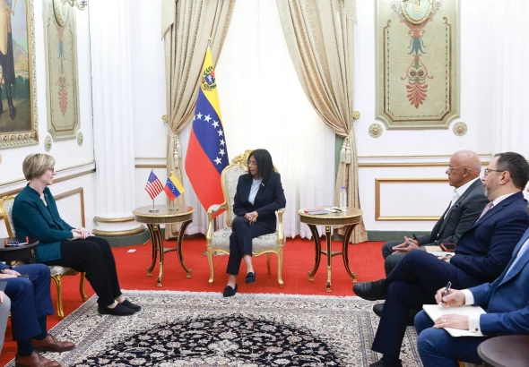 Venezuela's Acting President Delcy Rodriguez meets with US envoy Laura Dogu as the two countries gradually resume bilateral relations, at Miraflores Palace, in Caracas, Venezuela, February 2, 2026. Photo: Venezuelan Presidential Office/file photo.