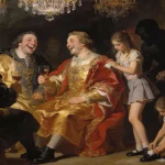 A digital manipulation that blends a historical oil painting with modern elements. The original artwork is likely based on 18th-century theatrical paintings, such as those by William Hogarth or Gaspare Traversi, which often depicted lively, expressive scenes of drinking and revelry. Photo: Bettbeat Media.
