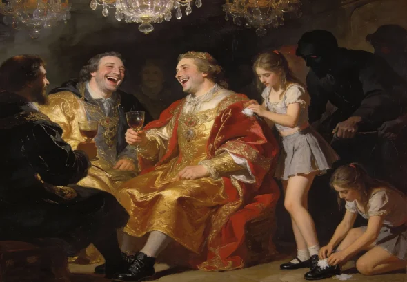 A digital manipulation that blends a historical oil painting with modern elements. The original artwork is likely based on 18th-century theatrical paintings, such as those by William Hogarth or Gaspare Traversi, which often depicted lively, expressive scenes of drinking and revelry. Photo: Bettbeat Media.