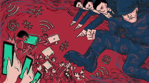 Depiction of the far-right tormenting protestors, as bystanders stand by and record. Photo: Sana Nasir.