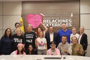 Code Pink activists with Venezuelan Foreign Affairs Minister Yván Gil in Caracas, February 21, 2026. Photo: X/@codepink.