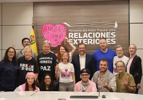 Code Pink activists with Venezuelan Foreign Affairs Minister Yván Gil in Caracas, February 21, 2026. Photo: X/@codepink.