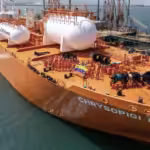 The Singapore-flagged vessel Chrysopigi Lady departing Venezuela with the country's first export of liquified petroleum gas. Photo: Venezuela's Presidential Press.