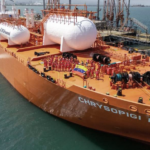 The Singapore-flagged vessel Chrysopigi Lady departing Venezuela with the country's first export of liquified petroleum gas. Photo: Venezuela's Presidential Press.
