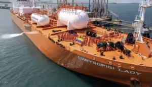 The Singapore-flagged vessel Chrysopigi Lady departing Venezuela with the country's first export of liquified petroleum gas. Photo: Venezuela's Presidential Press.
