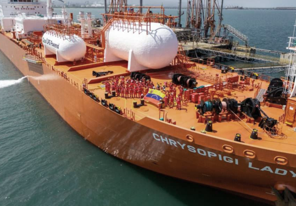 The Singapore-flagged vessel Chrysopigi Lady departing Venezuela with the country's first export of liquified petroleum gas. Photo: Venezuela's Presidential Press.