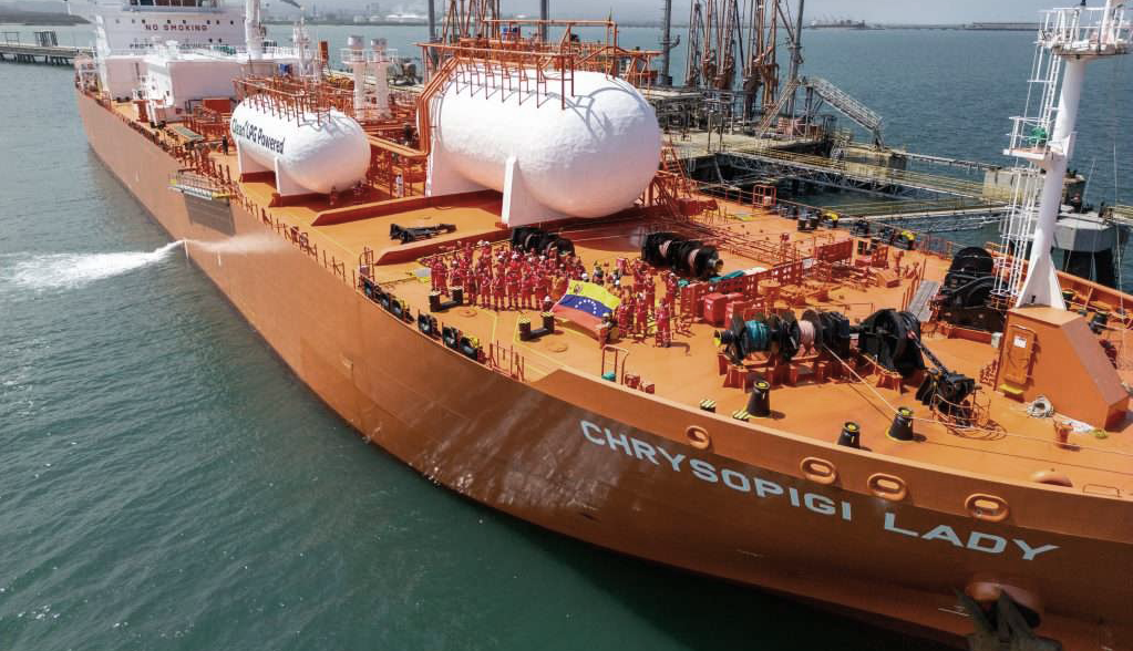 The Singapore-flagged vessel Chrysopigi Lady departing Venezuela with the country's first export of liquified petroleum gas. Photo: Venezuela's Presidential Press.