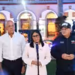 Venezuelan Acting President Delcy Rodríguez, accompanied by Interior Minister Vladimir Padrino Lóipez and National Assembly President Jorge Rodríguez, makes statements a month after the US kidnapping of President Nicolás Maduro and First Lady Cilia Flores. Photo: Presidential Press.