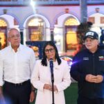 Venezuelan Acting President Delcy Rodríguez, accompanied by Interior Minister Vladimir Padrino Lóipez and National Assembly President Jorge Rodríguez, makes statements a month after the US kidnapping of President Nicolás Maduro and First Lady Cilia Flores. Photo: Presidential Press.