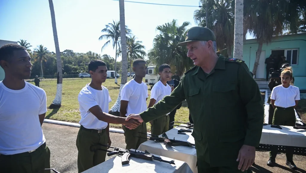 Cuban President Miguel Díaz-Canel meets cadets of the Eliseo Reyes Rodríguez School on National Defense Day, February 21, 2026. Photo: Instagram/@presidenciadecuba.