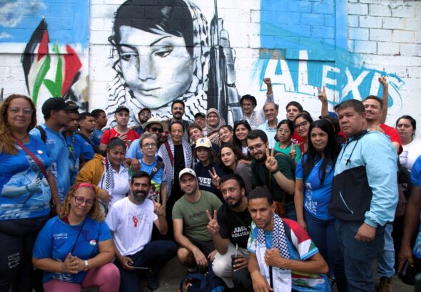 Venezuelan communards from El Panal Commune in Caracas with Palestinian leader Laila Khaled in July, 2025. Photo: Voces en Lucha/file photo.