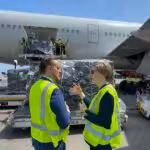 Venezuela's appointed ambassador to the United States, Felix Plasencia, next to his US counterpart Laura Dogu at the Simon Bolivar International Airport receiving a batch of US medicines on Friday, Feb. 13, 2026. Photo: X/@usembassyve.