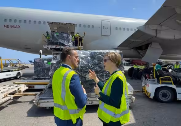 Venezuela's appointed ambassador to the United States, Felix Plasencia, next to his US counterpart Laura Dogu at the Simon Bolivar International Airport receiving a batch of US medicines on Friday, Feb. 13, 2026. Photo: X/@usembassyve.