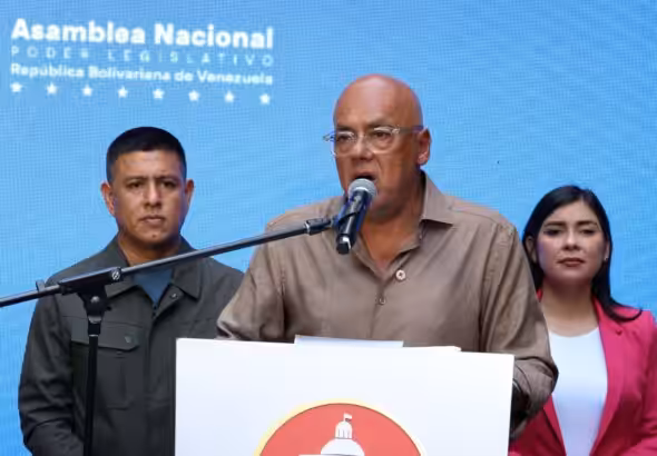 Venezuelan National Assembly President Jorge Rodríguez giving statements to the press, February 21, 2026. Photo: Wilmer Errades/Últimas Noticias.